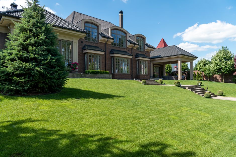 Perfectly manicured green lawn in front of a modern house